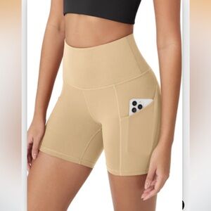 ODODOS Tan Tummy Control Bike Shorts Pockets High Waist Athletic Workout Yoga